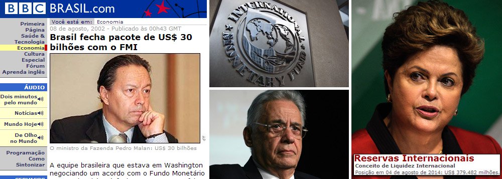 Após dois empréstimos no FMI, em 1998 e 2001, em agosto de 2002 o governo FHC recorreu novamente ao FMI; ministro Pedro Malan, da Fazenda, assinou acordo de US$ 30 bi; no ano seguinte, em abril, o recém eleito Lula quitou dívida com US$ 4,2 bi; não houve mais tomdas de crédito; Brasil até emprestou US$ 10 bi para o Fundo enfrentar crise mundial; hoje, governo tem reservas internacionais de US$ 379 bilhões; "Eles quebraram o Brasil, nós pagamos o FMI", disse ontem presidente Dilma Rousseff (Foto: Ana Pupulin) Após dois empréstimos no FMI, em 1998 e 2001, em agosto de 2002 o governo FHC recorreu novamente ao FMI; ministro Pedro Malan, da Fazenda, assinou acordo de US$ 30 bi; no ano seguinte, em abril, o recém eleito Lula quitou dívida com US$ 4,2 bi; não houve mais tomdas de crédito; Brasil até emprestou US$ 10 bi para o Fundo enfrentar crise mundial; hoje, governo tem reservas internacionais de US$ 379 bilhões; "Eles quebraram o Brasil, nós pagamos o FMI", disse ontem presidente Dilma Rousseff