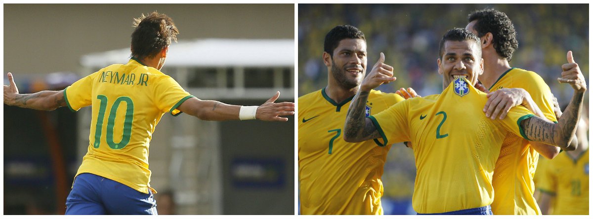 Primeiro gol foi de Neymar, por cobrança de falta; Daniel Alves, Hulk e Willian marcaram os outros três; técnico Felipão havia pedido "jogo sério" e dito que partida poderia garantir aos jogadores vaga de titular na equipe da Copa do Mundo, que começa semana que vem; jogo foi no estádio Serra Dourada (Foto: Gisele Federicce) Primeiro gol foi de Neymar, por cobrança de falta; Daniel Alves, Hulk e Willian marcaram os outros três; técnico Felipão havia pedido "jogo sério" e dito que partida poderia garantir aos jogadores vaga de titular na equipe da Copa do Mundo, que começa semana que vem; jogo foi no estádio Serra Dourada