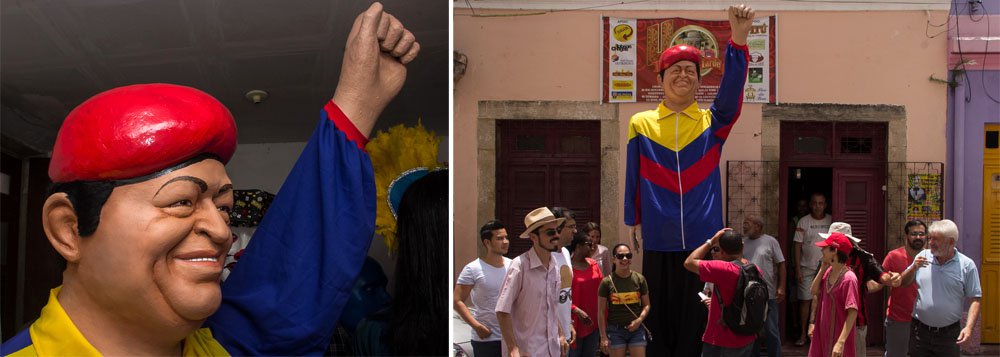 O desfile dos tradicionais bonecos gigantes do Carnaval de Olinda contará, neste ano, com a presença do ex-presidente da Venezuela, Hugo Chávez. A figura representando o ex-presidente, falecido em março do no ano passado em decorrência de um câncer, foi encomendada pelo Movimento dos Trabalhadores Sem-Terra (MST) ao artista plástico Silvio Botelho, o mais famoso “mestre bonequeiro" de Olinda; para a dirigente do MST, Ana Emília, o legado de Chávez deve ser preservado; "Precisamos celebrar a memória e o exemplo que Chávez foi para a América Latina e as transformações sociais que ele promoveu", afirmou (Foto: Paulo Emílio) O desfile dos tradicionais bonecos gigantes do Carnaval de Olinda contará, neste ano, com a presença do ex-presidente da Venezuela, Hugo Chávez. A figura representando o ex-presidente, falecido em março do no ano passado em decorrência de um câncer, foi encomendada pelo Movimento dos Trabalhadores Sem-Terra (MST) ao artista plástico Silvio Botelho, o mais famoso “mestre bonequeiro" de Olinda; para a dirigente do MST, Ana Emília, o legado de Chávez deve ser preservado; "Precisamos celebrar a memória e o exemplo que Chávez foi para a América Latina e as transformações sociais que ele promoveu", afirmou