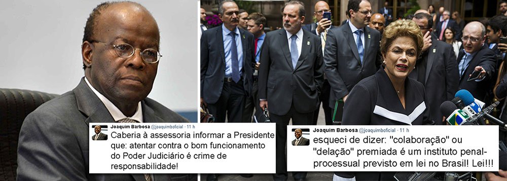 Potencial candidato nas eleições presidenciais de 2018, o ex-ministro do Supremo Tribunal Federal Joaquim Barbosa foi ao Twitter criticar a resposta da presidente Dilma Rousseff sobre a delação premiada do empresário Ricardo Pessoa; "Caberia à assessoria informar a Presidente que: atentar contra o bom funcionamento do Poder Judiciário é crime de responsabilidade!", escreveu, ressaltando que "'colaboração'" ou 'delação' premiada é um instituto penal-processual previsto em lei no Brasil! Lei!!!"; Dilma disse ontem a jornalistas que "não respeita delator" e que tomará medidas caso Pessoa faça acusações contra ela (Foto: Gisele Federicce) Potencial candidato nas eleições presidenciais de 2018, o ex-ministro do Supremo Tribunal Federal Joaquim Barbosa foi ao Twitter criticar a resposta da presidente Dilma Rousseff sobre a delação premiada do empresário Ricardo Pessoa; "Caberia à assessoria informar a Presidente que: atentar contra o bom funcionamento do Poder Judiciário é crime de responsabilidade!", escreveu, ressaltando que "'colaboração'" ou 'delação' premiada é um instituto penal-processual previsto em lei no Brasil! Lei!!!"; Dilma disse ontem a jornalistas que "não respeita delator" e que tomará medidas caso Pessoa faça acusações contra ela