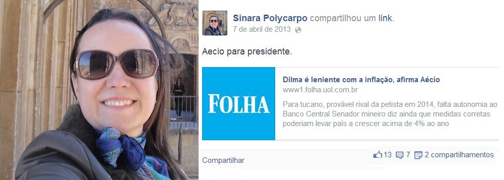 Executiva Sinara Polycarpo compartilhou reportagem da Folha de S. Paulo no Facebook que afirmava que a presidente Dilma seria "leniente com a inflação"; junto ao link, postou um comentário: "Aécio para presidente"; banco Santander demitiu ao todo quatro pessoas após divulgação de informe a clientes que associava Dilma ao cenário de instabilidade econômica no País; por Eduardo Guimarães, do Blog da Cidadania (Foto: Gisele Federicce) www.brasil247.com - Executiva Sinara Polycarpo compartilhou reportagem da Folha de S. Paulo no Facebook que afirmava que a presidente Dilma seria "leniente com a inflação"; junto ao link, postou um comentário: "Aécio para presidente"; banco Santander demitiu ao todo quatro pessoas após divulgação de informe a clientes que associava Dilma ao cenário de instabilidade econômica no País; por Eduardo Guimarães, do Blog da Cidadania