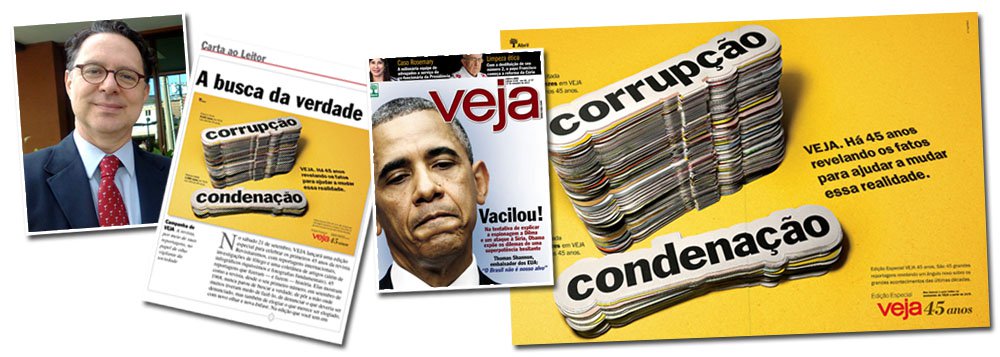 Em editorial, diretor Eurípides Alcântara escreve que revista "nunca parou de buscar a verdade" e de "pôr a mão onde muitos tiveram medo de fazê-lo, de denunciar o que deveria ser denunciado, mas também de elogiar o que merece ser elogiado"; para ele, "Veja descobre os escândalos de corrupção, cobra consequências e continua correndo atrás de outras revelações"; nenhuma linha, é claro, sobre propinoduto tucano em São Paulo, grampos de Carlinhos Cachoeira etc etc... (Foto: Gisele Federicce) Em editorial, diretor Eurípides Alcântara escreve que revista "nunca parou de buscar a verdade" e de "pôr a mão onde muitos tiveram medo de fazê-lo, de denunciar o que deveria ser denunciado, mas também de elogiar o que merece ser elogiado"; para ele, "Veja descobre os escândalos de corrupção, cobra consequências e continua correndo atrás de outras revelações"; nenhuma linha, é claro, sobre propinoduto tucano em São Paulo, grampos de Carlinhos Cachoeira etc etc...