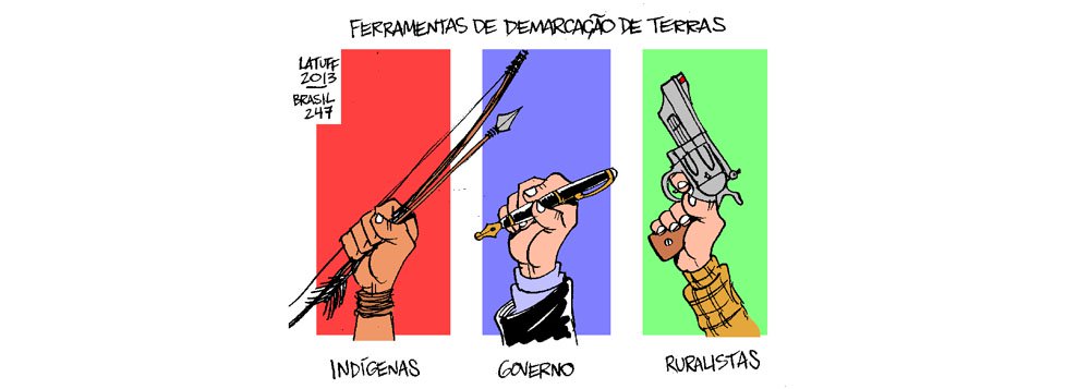 Na charge do cartunista Carlos Latuff, as três ferramentas usadas para a demarcação de terras indígenas no Brasil (Foto: Gisele Federicce) Na charge do cartunista Carlos Latuff, as três ferramentas usadas para a demarcação de terras indígenas no Brasil