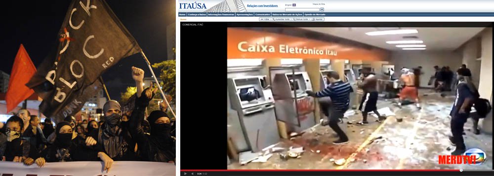 Movimento Black Bloc reivindicou a invasão; grupo anarquista publicou na página de relações com investidores da Itausa, holding do grupo Itaú, um vídeo - que já saiu do ar - em que uma agência do banco aparece sendo quebrada; imagens feitas durante os protestos de rua estavam ao som de "If I could", de Eric Clapton, a mesma usada pela empresa em uma de suas peças publicitárias; instituição esclareceu que o vídeo não estava hospedado no site, mas no YouTube; movimento defende o ataque a grandes símbolos capitalistas (Foto: Gisele Federicce) Movimento Black Bloc reivindicou a invasão; grupo anarquista publicou na página de relações com investidores da Itausa, holding do grupo Itaú, um vídeo - que já saiu do ar - em que uma agência do banco aparece sendo quebrada; imagens feitas durante os protestos de rua estavam ao som de "If I could", de Eric Clapton, a mesma usada pela empresa em uma de suas peças publicitárias; instituição esclareceu que o vídeo não estava hospedado no site, mas no YouTube; movimento defende o ataque a grandes símbolos capitalistas