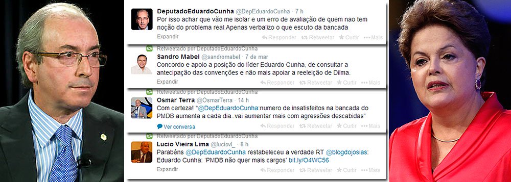 Epicentro da crise entre o PMDB, o PT e o governo Dilma Rousseff, deputado Eduardo Cunha aposta que reunião convocada pela presidente, amanhã, em Brasília, com comando do partido, não será contra ele; mas ressalva: "Resultado vai depender do tom a ser usado por quem convidou", disse Cunha ao 247, citando Dilma veladamente; "Nunca defendi o rompimento, mas sim que é preciso repensar a relação"; para ele, relacionamento com o governo tem de "ser mais político"; disparando tuítes com suas posições, Cunha também publica elogios recolhidos de liderados na bancada federal do PMDB; isolado, decididamente, ele não está (Foto: Felipe L. Goncalves) Epicentro da crise entre o PMDB, o PT e o governo Dilma Rousseff, deputado Eduardo Cunha aposta que reunião convocada pela presidente, amanhã, em Brasília, com comando do partido, não será contra ele; mas ressalva: "Resultado vai depender do tom a ser usado por quem convidou", disse Cunha ao 247, citando Dilma veladamente; "Nunca defendi o rompimento, mas sim que é preciso repensar a relação"; para ele, relacionamento com o governo tem de "ser mais político"; disparando tuítes com suas posições, Cunha também publica elogios recolhidos de liderados na bancada federal do PMDB; isolado, decididamente, ele não está