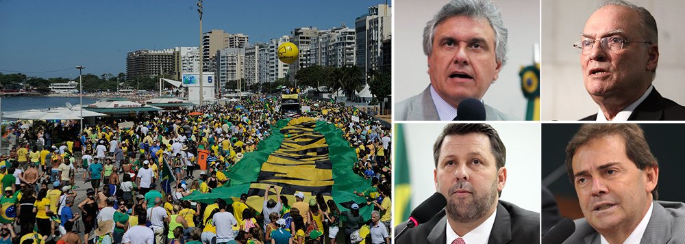 Protestos contra o governo que levaram cerca de 795 mil pessoas às ruas em diversas cidades do país neste domingo voltaram a insuflar os ânimos da oposição no desejo de levar adiante um processo de impeachment contra a presidente Dilma Rousseff; líderes dos partidos de oposição afirmam que as manifestações apontam que o governo sofre uma "profunda rejeição" e que irão aumentar a pressão para que o Congresso leve adiante os pedidos de impeachment contra a presidente; discurso golpista, que havia arrefecido nos últimos dias, volta a ganhar fôlego; entre os mais exaltados, destacam-se Ronaldo Caiado, do DEM, Carlos Sampaio, do PSDB, Roberto Freire, do PPS, e Paulinho da Força, do Solidariedade (Foto: Paulo Emílio) Protestos contra o governo que levaram cerca de 795 mil pessoas às ruas em diversas cidades do país neste domingo voltaram a insuflar os ânimos da oposição no desejo de levar adiante um processo de impeachment contra a presidente Dilma Rousseff; líderes dos partidos de oposição afirmam que as manifestações apontam que o governo sofre uma "profunda rejeição" e que irão aumentar a pressão para que o Congresso leve adiante os pedidos de impeachment contra a presidente; discurso golpista, que havia arrefecido nos últimos dias, volta a ganhar fôlego; entre os mais exaltados, destacam-se Ronaldo Caiado, do DEM, Carlos Sampaio, do PSDB, Roberto Freire, do PPS, e Paulinho da Força, do Solidariedade