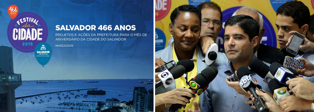 ACM Neto apresentou nesta quarta-feira a programação completa dos festejos do aniversário dos 466 anos de Salvador, que acontece no dia 29 próximo; será uma semana de festa com mais de 200 ações entre inaugurações, assinaturas de ordem de serviço, entrega de obras e atrações multiculturais em diversos pontos da cidade; o prefeito destacou que "o ponto forte" da programação é a homenagem à cultura baiana, além de apresentar a Salvador o conjunto de obras a serem entregues no mês de seu aniversário; "O soteropolitano é quem faz nossa cidade, é a razão de toda essa ação que a prefeitura está realizando para tornar Salvador cada vez melhor"; o total de investimentos é de cerca de R$ 1 bilhão (Foto: Romulo Faro) ACM Neto apresentou nesta quarta-feira a programação completa dos festejos do aniversário dos 466 anos de Salvador, que acontece no dia 29 próximo; será uma semana de festa com mais de 200 ações entre inaugurações, assinaturas de ordem de serviço, entrega de obras e atrações multiculturais em diversos pontos da cidade; o prefeito destacou que "o ponto forte" da programação é a homenagem à cultura baiana, além de apresentar a Salvador o conjunto de obras a serem entregues no mês de seu aniversário; "O soteropolitano é quem faz nossa cidade, é a razão de toda essa ação que a prefeitura está realizando para tornar Salvador cada vez melhor"; o total de investimentos é de cerca de R$ 1 bilhão