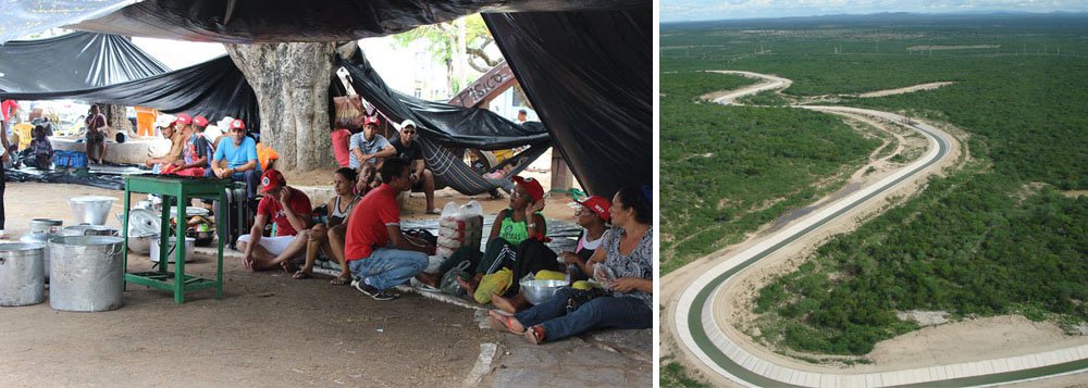 Cerca de 800 trabalhadores no Movimento dos Trabalhadores Rurais Sem Terra (MST) bloqueiam o acesso ao canteiro de obras do Canal do Sertão, em Alagoas. "Na propaganda do governo, consta a informação de que a água já está sendo distribuída. No quilômetro 65, talvez esteja, mas num raio muito mais próximo, à beira do canal, centenas de famílias ainda não tiveram acesso", afirma Débora Nunes, da coordenação nacional do MST. Ela denuncia, ainda, que o governo Vilela (PSDB) prometeu o início das obras para o mês de março deste ano, o que ainda não ocorreu. Ocupações também ocorrem em Maceió (Foto: Voney Malta) Cerca de 800 trabalhadores no Movimento dos Trabalhadores Rurais Sem Terra (MST) bloqueiam o acesso ao canteiro de obras do Canal do Sertão, em Alagoas. "Na propaganda do governo, consta a informação de que a água já está sendo distribuída. No quilômetro 65, talvez esteja, mas num raio muito mais próximo, à beira do canal, centenas de famílias ainda não tiveram acesso", afirma Débora Nunes, da coordenação nacional do MST. Ela denuncia, ainda, que o governo Vilela (PSDB) prometeu o início das obras para o mês de março deste ano, o que ainda não ocorreu. Ocupações também ocorrem em Maceió