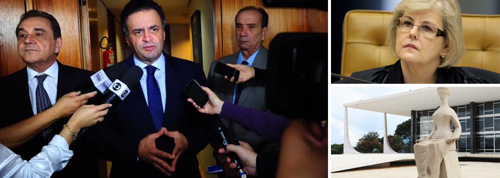 Acompanhado do presidente do DEM, senador Agripino Maia, e do líder do PSDB no Senado, Aloysio Nunes, presidenciável Aécio Neves liderou ida da oposição à ministra Rosa Weber, do Supremo Tribunal Federal, para defender uma CPI que investigue exclusivamente a Petrobras; "A nossa confiança é plena. Saímos daqui plenamente confiantes na decisão do Supremo, guardião da nossa Constituição", afirmou; segundo ele, a relatora dos mandados de segurança apresentados por base e oposição os "ouviu com extrema atenção" e disse ao grupo que estará em condições de proferir decisão no retorno do feriado do dia 21 (Foto: Gisele Federicce) Acompanhado do presidente do DEM, senador Agripino Maia, e do líder do PSDB no Senado, Aloysio Nunes, presidenciável Aécio Neves liderou ida da oposição à ministra Rosa Weber, do Supremo Tribunal Federal, para defender uma CPI que investigue exclusivamente a Petrobras; "A nossa confiança é plena. Saímos daqui plenamente confiantes na decisão do Supremo, guardião da nossa Constituição", afirmou; segundo ele, a relatora dos mandados de segurança apresentados por base e oposição os "ouviu com extrema atenção" e disse ao grupo que estará em condições de proferir decisão no retorno do feriado do dia 21