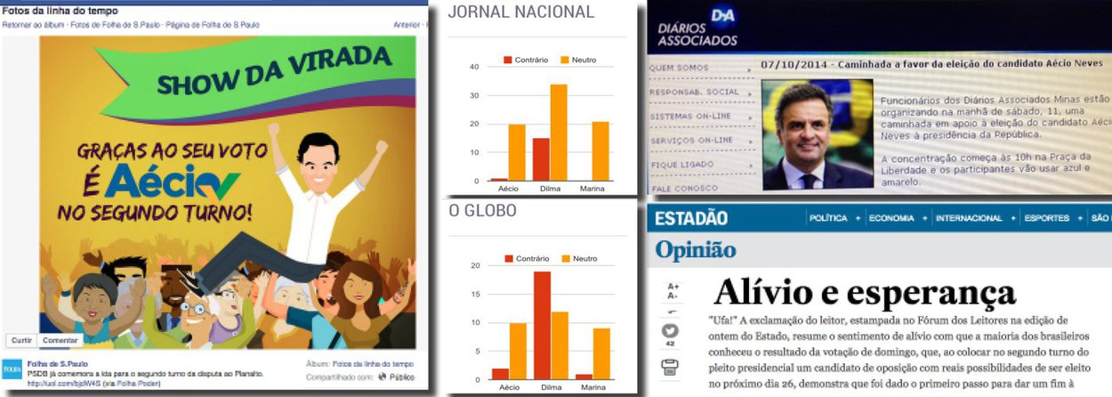 Nas redes sociais, jornais Folha de S. Paulo e Estado comemoram passagem de Aécio Neves para segundo turno; “Ufa!”, suspira editorial do Estadão; concorrente da rua Barão de Limeira divulgou panfleto tucano sem nem dar tratamento de notícia, mas como adesão, em sua página no Facebook; Diários Associados convocaram jornalistas e funcionários para passeata pró-tucano; na semana anterior ao primeiro turno, Jornal Nacional e Folha aumentaram exposição negativa da presidente Dilma Rousseff, conforme apurou o manchetômetro, da Uerj; neutralidade dedicada apenas a Aécio e Marina Silva (Foto: Gisele Federicce) www.brasil247.com - Nas redes sociais, jornais Folha de S. Paulo e Estado comemoram passagem de Aécio Neves para segundo turno; “Ufa!”, suspira editorial do Estadão; concorrente da rua Barão de Limeira divulgou panfleto tucano sem nem dar tratamento de notícia, mas como adesão, em sua página no Facebook; Diários Associados convocaram jornalistas e funcionários para passeata pró-tucano; na semana anterior ao primeiro turno, Jornal Nacional e Folha aumentaram exposição negativa da presidente Dilma Rousseff, conforme apurou o manchetômetro, da Uerj; neutralidade dedicada apenas a Aécio e Marina Silva