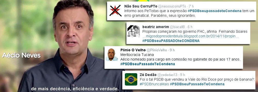 Campanha, convocada pelo PT em protesto à propaganda do PSDB e mobilizou as redes sociais com a frase "PSDB, seu passado te condena"; a hashtag foi a mais citada no Twitter no Brasil e ficou em quinto lugar no ranking mundial da plataforma; internautas compartilharam publicações com notícias negativas sobre a gestão do ex-presidente Fernando Henrique Cardoso e de outras lideranças tucanas, como o senador Aécio Neves (MG) (Foto: Roberta Namour) Campanha, convocada pelo PT em protesto à propaganda do PSDB e mobilizou as redes sociais com a frase "PSDB, seu passado te condena"; a hashtag foi a mais citada no Twitter no Brasil e ficou em quinto lugar no ranking mundial da plataforma; internautas compartilharam publicações com notícias negativas sobre a gestão do ex-presidente Fernando Henrique Cardoso e de outras lideranças tucanas, como o senador Aécio Neves (MG)