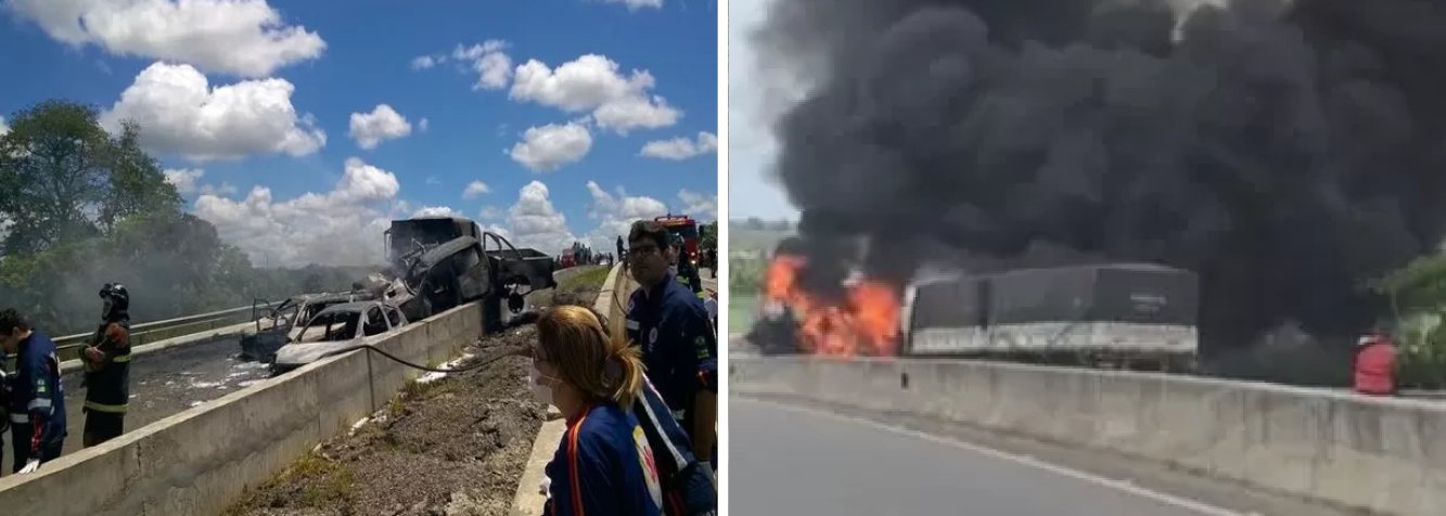 Dois adultos e uma criança morreram após o engavetamento entre uma carreta e sete carros ter provocado uma explosão nesta quarta (11) no Km 110 da BR-101, perto da cidade de Itaporanga D'Ajuda, em Sergipe; a carreta estava carregada com adubo, que é inflamável; no trecho da rodovia onde houve o acidente, um bloqueio tinha sido realizado pelo MST; o acidente ocorreu no momento em que o trânsito estava sendo liberado; o protesto fez com que os veículos ficassem parados na rodovia; a carreta não conseguiu frear quando se aproximou dos carros (Foto: Valter Lima) Dois adultos e uma criança morreram após o engavetamento entre uma carreta e sete carros ter provocado uma explosão nesta quarta (11) no Km 110 da BR-101, perto da cidade de Itaporanga D'Ajuda, em Sergipe; a carreta estava carregada com adubo, que é inflamável; no trecho da rodovia onde houve o acidente, um bloqueio tinha sido realizado pelo MST; o acidente ocorreu no momento em que o trânsito estava sendo liberado; o protesto fez com que os veículos ficassem parados na rodovia; a carreta não conseguiu frear quando se aproximou dos carros