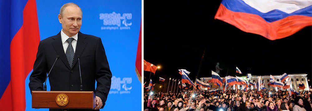 "Não acreditem naqueles que tentam assustar vocês com a Rússia e que gritam que outras regiões virão depois da Crimeia", disse o presidente russo nesta terça-feira; ele assinou decreto "para aprovar o projeto de tratado entre a Federação Russa e a República da Crimeia sobre a adoção da República da Crimeia pela Federação Russa" (Foto: Roberta Namour) "Não acreditem naqueles que tentam assustar vocês com a Rússia e que gritam que outras regiões virão depois da Crimeia", disse o presidente russo nesta terça-feira; ele assinou decreto "para aprovar o projeto de tratado entre a Federação Russa e a República da Crimeia sobre a adoção da República da Crimeia pela Federação Russa"