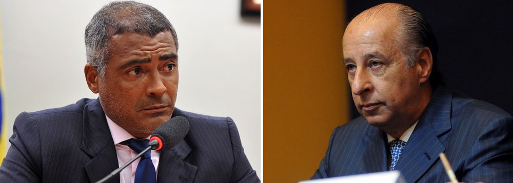 Em evento realizado em setembro de 2013 na sede do Corinthians, em São Paulo, Romário afirmou que José Maria Marin, presidente da Confederação Brasileira de Futebol (CBF), e Del Nero deveriam "pegar 100 anos de cadeia"; após as declarações, Del Nero processou o senador, que foi condenado ao pagamento de R$ 20 mil pela 37ª Vara Cível de São Paulo (Foto: Gisele Federicce) Em evento realizado em setembro de 2013 na sede do Corinthians, em São Paulo, Romário afirmou que José Maria Marin, presidente da Confederação Brasileira de Futebol (CBF), e Del Nero deveriam "pegar 100 anos de cadeia"; após as declarações, Del Nero processou o senador, que foi condenado ao pagamento de R$ 20 mil pela 37ª Vara Cível de São Paulo