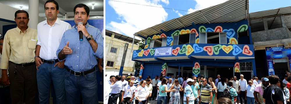 Localizado na Rua Juscelino Kubitschek, nº 74, Cajazeiras XI, o Centro de Convivência do bairro foi inaugurado nesta sexta-feira pelo prefeito ACM Neto, pelas ações em prol dos 466 anos de Salvador; "Comemoro o resgate da autoestima da nossa cidade. Quando assumimos, a Fundação Cidade-Mãe estava completamente abandonada, mas mostramos que é possível fazer mais. Os centros de convivência são exemplo disso. Aqui os jovens vão começar a conviver com atividades que facilitem o ingresso no mercado de trabalho, resgatando uma dívida histórica com as crianças e adolescentes da nossa cidade", disse o democrata (Foto: Romulo Faro) Localizado na Rua Juscelino Kubitschek, nº 74, Cajazeiras XI, o Centro de Convivência do bairro foi inaugurado nesta sexta-feira pelo prefeito ACM Neto, pelas ações em prol dos 466 anos de Salvador; "Comemoro o resgate da autoestima da nossa cidade. Quando assumimos, a Fundação Cidade-Mãe estava completamente abandonada, mas mostramos que é possível fazer mais. Os centros de convivência são exemplo disso. Aqui os jovens vão começar a conviver com atividades que facilitem o ingresso no mercado de trabalho, resgatando uma dívida histórica com as crianças e adolescentes da nossa cidade", disse o democrata