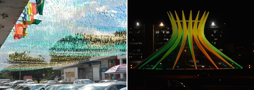 Sentimento dos brasilienses oscila numa mistura de ansiedade e alegria com a proximidade dos jogos na cidade e com a Copa em território brasileiro e com a indignação e a insatisfação com os gastos feitos pelo governo para realização do evento; algumas ruas da capital federal estão enfeitadas e há quadras comerciais vestidas de verde e amarelo; no trânsito, vê-se carros adesivados com bandeiras do Brasil, bandeirinhas e fitas nas janelas, mas há quem ache que a cidade ainda não está no clima de Copa como em anos anteriores (Foto: Realle Palazzo-Martini) Sentimento dos brasilienses oscila numa mistura de ansiedade e alegria com a proximidade dos jogos na cidade e com a Copa em território brasileiro e com a indignação e a insatisfação com os gastos feitos pelo governo para realização do evento; algumas ruas da capital federal estão enfeitadas e há quadras comerciais vestidas de verde e amarelo; no trânsito, vê-se carros adesivados com bandeiras do Brasil, bandeirinhas e fitas nas janelas, mas há quem ache que a cidade ainda não está no clima de Copa como em anos anteriores