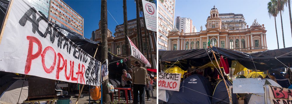 Há uma semana, o Bloco de Luta pelo Transporte Público acampa na Praça Montevidéu, em frente à prefeitura de Porto Alegre; cerca de quarenta barracas já se somaram às três que foram montadas, iniciando o movimento; o grupo busca coletar mais de 50 mil assinaturas para protocolar na Câmara Municipal o projeto de lei de iniciativa popular que municipaliza o transporte público na cidade
(Foto: Leonardo Lucena) Há uma semana, o Bloco de Luta pelo Transporte Público acampa na Praça Montevidéu, em frente à prefeitura de Porto Alegre; cerca de quarenta barracas já se somaram às três que foram montadas, iniciando o movimento; o grupo busca coletar mais de 50 mil assinaturas para protocolar na Câmara Municipal o projeto de lei de iniciativa popular que municipaliza o transporte público na cidade