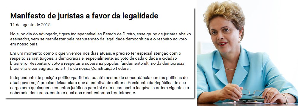 Em resposta ao discurso proferido pelo jurista e ex-ministro do STM (Supremo Tribunal Militar) Flavio Flores da Cunha Bierrenbach, pela renúncia da presidente Dilma Rousseff, um grupo qualificado de juristas saiu em defesa do governo, pela legalidade e pela democracia, contra o impeachment ou as pressões por renúncia; “Respeitar o voto é respeitar a soberania popular, fundamento último da democracia brasileira e consagrada no art. 1o da nossa Constituição Federal”, dizem em manifesto (Foto: Roberta Namour) Em resposta ao discurso proferido pelo jurista e ex-ministro do STM (Supremo Tribunal Militar) Flavio Flores da Cunha Bierrenbach, pela renúncia da presidente Dilma Rousseff, um grupo qualificado de juristas saiu em defesa do governo, pela legalidade e pela democracia, contra o impeachment ou as pressões por renúncia; “Respeitar o voto é respeitar a soberania popular, fundamento último da democracia brasileira e consagrada no art. 1o da nossa Constituição Federal”, dizem em manifesto