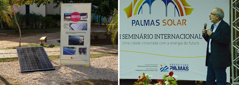 Durante o I Seminário Internacional Palmas Solar, o representante do Grupo STI Norland, Javier Reclusa, anunciou a instalação da primeira fábrica de trackers fotovoltáicos do Brasil em Palmas; "Participamos do Leilão de Energia de Reserva (LER) realizado pela Agência Nacional de Energia Elétrica (Aneel) em 2014 e fomos um dos ganhadores, com isso iremos instalar a primeira fábrica brasileira detrackers aqui em Palmas, pois além do potencial solar da cidade, contamos ainda com um prefeito visionário, entusiasta do ramo"; trackers que são dispositivos que orientam os painéis fotovoltaicos e acompanham a direção do sol aumentando a eficiência dos painéis e a geração de energia (Foto: Aquiles Lins) Durante o I Seminário Internacional Palmas Solar, o representante do Grupo STI Norland, Javier Reclusa, anunciou a instalação da primeira fábrica de trackers fotovoltáicos do Brasil em Palmas; "Participamos do Leilão de Energia de Reserva (LER) realizado pela Agência Nacional de Energia Elétrica (Aneel) em 2014 e fomos um dos ganhadores, com isso iremos instalar a primeira fábrica brasileira detrackers aqui em Palmas, pois além do potencial solar da cidade, contamos ainda com um prefeito visionário, entusiasta do ramo"; trackers que são dispositivos que orientam os painéis fotovoltaicos e acompanham a direção do sol aumentando a eficiência dos painéis e a geração de energia
