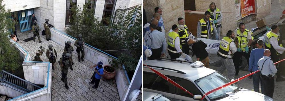 Dois homens supostamente palestinos armados com facas e machados mataram quatro pessoas em uma sinagoga de Jerusalém nesta terça-feira antes de serem mortos por policiais, informaram a polícia israelense e os serviços de emergência, no ataque mais mortal deste tipo na cidade em vários anos (Foto: Leonardo Attuch) Dois homens supostamente palestinos armados com facas e machados mataram quatro pessoas em uma sinagoga de Jerusalém nesta terça-feira antes de serem mortos por policiais, informaram a polícia israelense e os serviços de emergência, no ataque mais mortal deste tipo na cidade em vários anos