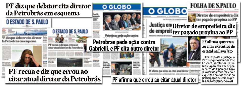 Dos três principais jornais impressos do País, apenas o Estado de S. Paulo também dedicou sua manchete ao noticiar o erro cometido pela Polícia Federal contra José Carlos Cosenza, inserido equivocadamente como um dos réus do inquérito da Operação Lava Jato; Folha e Globo, que também destacaram com estardalhaço a denúncia, na última terça-feira, hoje são bem mais econômicos ao reparar o erro a que foram induzidos pela PF; isso é justo? (Foto: Leonardo Attuch) Dos três principais jornais impressos do País, apenas o Estado de S. Paulo também dedicou sua manchete ao noticiar o erro cometido pela Polícia Federal contra José Carlos Cosenza, inserido equivocadamente como um dos réus do inquérito da Operação Lava Jato; Folha e Globo, que também destacaram com estardalhaço a denúncia, na última terça-feira, hoje são bem mais econômicos ao reparar o erro a que foram induzidos pela PF; isso é justo?