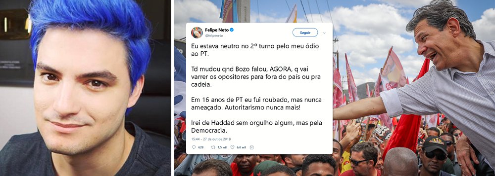 Felipe Neto, maior youtuber do Brasil, abre seu voto em Fernando Haddad Felipe Neto, maior youtuber do Brasil, abre seu voto em Fernando Haddad