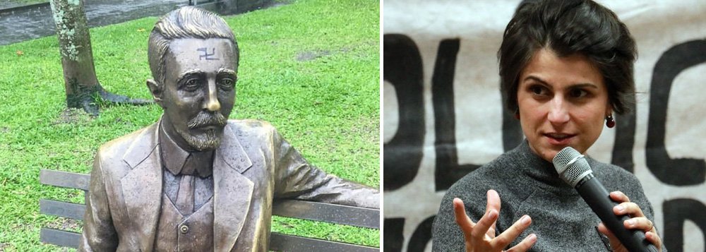 Manuela denuncia suástica desenhada em estátua de escritor gaúcho Manuela denuncia suástica desenhada em estátua de escritor gaúcho