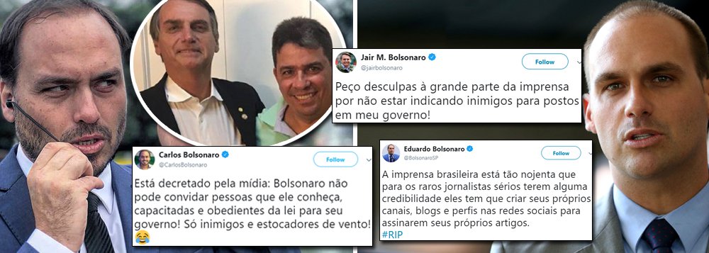 Clã Bolsonaro se revolta com reação da mídia à nomeação de amigo pelo pai Clã Bolsonaro se revolta com reação da mídia à nomeação de amigo pelo pai