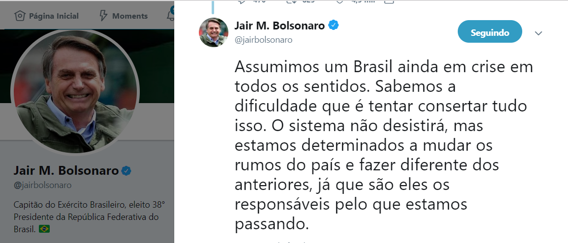 Em tempos de laranjal do PSL e Bebianno, Jair Bolsonaro se exime e responsabiliza 'o sistema' (Foto: Reprodução / Twitter) Em tempos de laranjal do PSL e Bebianno, Jair Bolsonaro se exime e responsabiliza 'o sistema'