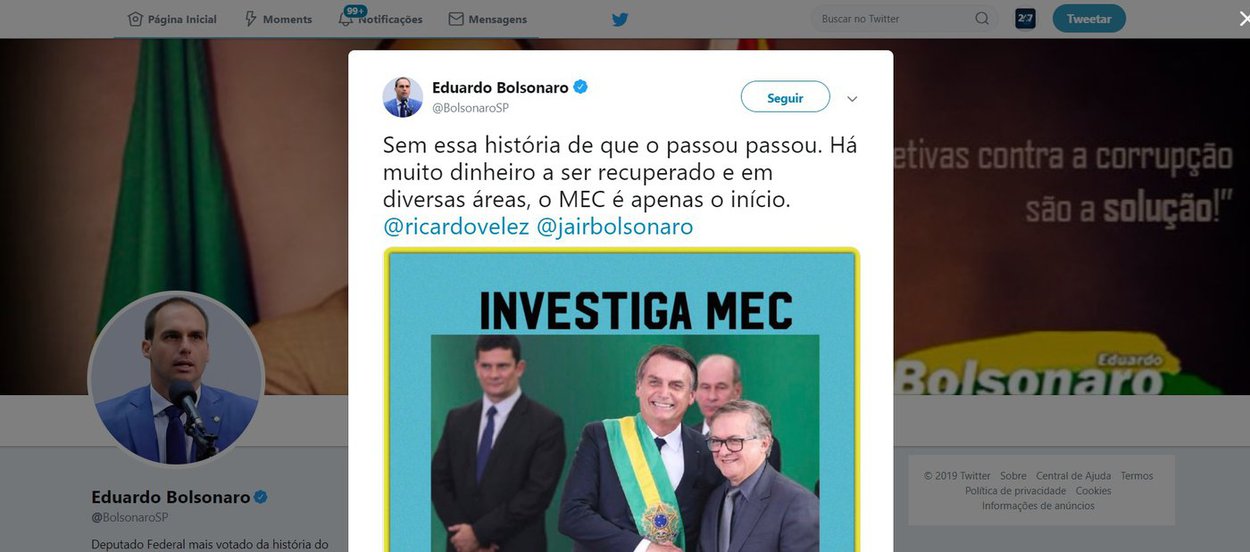 Eduardo Bolsonaro ataca o MEC e leva invertida dos internautas Eduardo Bolsonaro ataca o MEC e leva invertida dos internautas