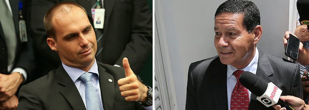 Filho de Bolsonaro pede que sociedade julgue comportamento de Mourão Filho de Bolsonaro pede que sociedade julgue comportamento de Mourão