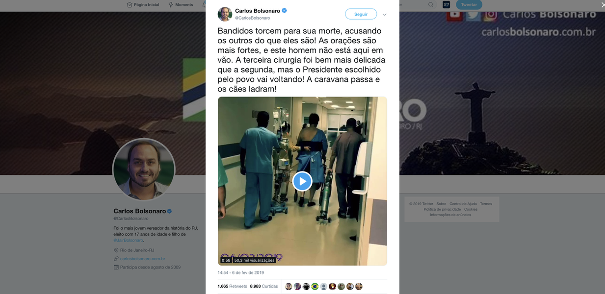Carlos Bolsonaro divulga novo vídeo do pai e diz que bandidos torcem para sua morte Carlos Bolsonaro divulga novo vídeo do pai e diz que bandidos torcem para sua morte