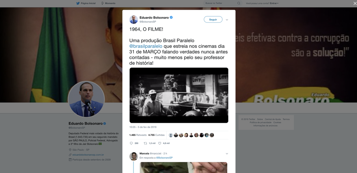 Eduardo Bolsonaro divulga filme que exalta golpe de 64 Eduardo Bolsonaro divulga filme que exalta golpe de 64