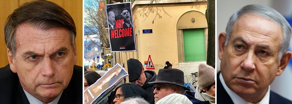Escracho e protesto em Davos para Bolsonaro e Netanyahu (Foto: Alan Santos/PR | Rrprodução | Reuters) Escracho e protesto em Davos para Bolsonaro e Netanyahu