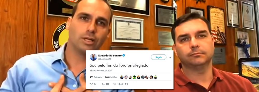 Flávio Bolsonaro, que agora apela ao foro, defendia o fim do foro privilegiado Flávio Bolsonaro, que agora apela ao foro, defendia o fim do foro privilegiado