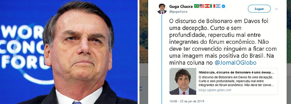 Guga Chacra: minúsculo, discurso de Bolsonaro é uma decepção em Davos Guga Chacra: minúsculo, discurso de Bolsonaro é uma decepção em Davos