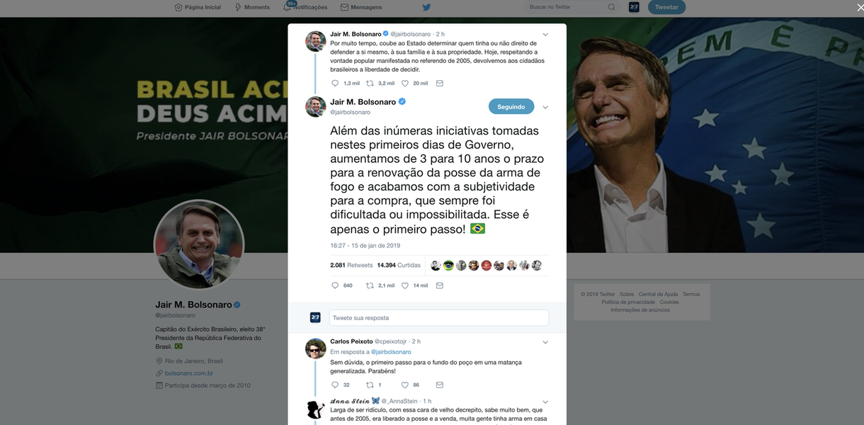 Bolsonaro diz que flexibilização das armas é só o primeiro passo Bolsonaro diz que flexibilização das armas é só o primeiro passo