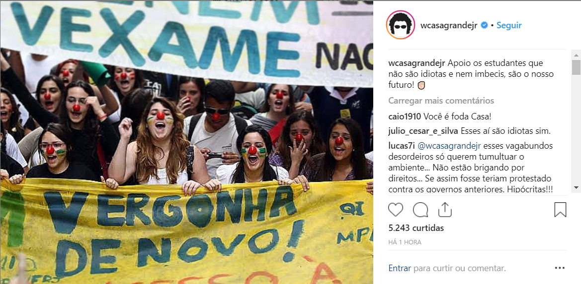 Casagrande rebate Bolsonaro: estudantes são o nosso futuro (Foto: Reprodução Instagram) Casagrande rebate Bolsonaro: estudantes são o nosso futuro