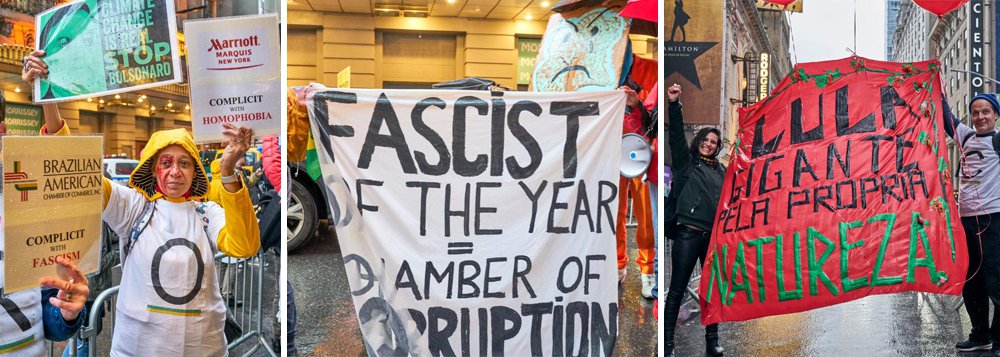 Manifestantes protestam em Nova York contra homenagem a Bolsonaro Manifestantes protestam em Nova York contra homenagem a Bolsonaro
