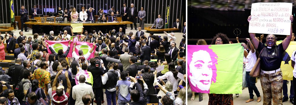 Com faixa de Marielle, Movimento Negro interrompe homenagem a Princesa Isabel na Câmara (Foto: Michel Jesus/Câmara dos Deputados) Com faixa de Marielle, Movimento Negro interrompe homenagem a Princesa Isabel na Câmara