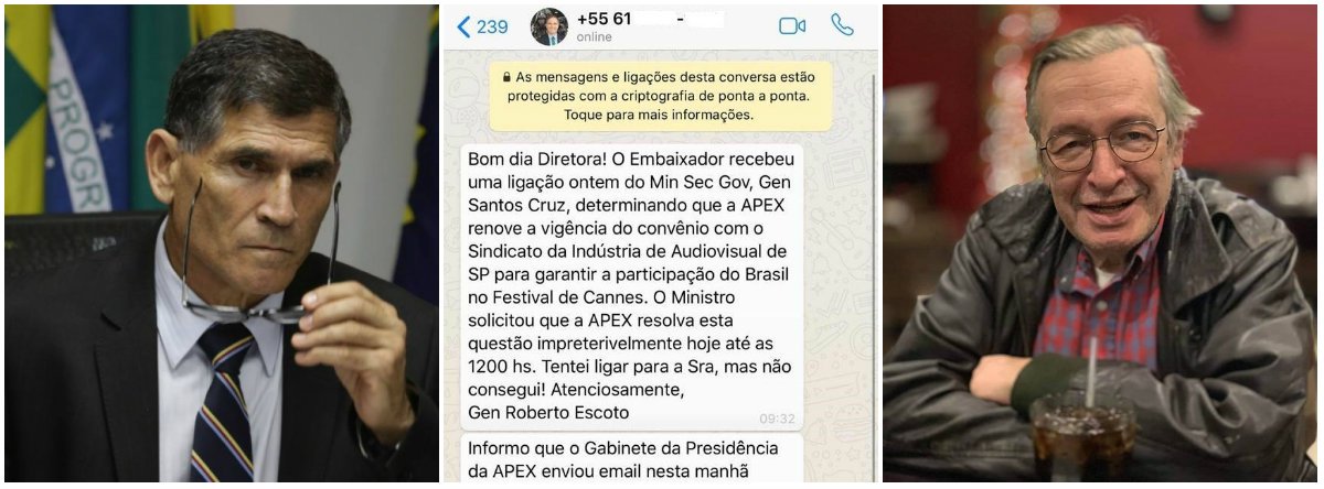 Olavetes vazam mensagem em que Santos Cruz atua por contrato da Apex para presença em Cannes Olavetes vazam mensagem em que Santos Cruz atua por contrato da Apex para presença em Cannes