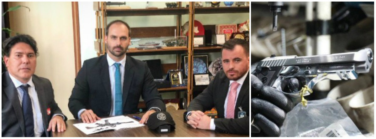 Eduardo Bolsonaro faz lobby por instalação de fábrica de armas de empresa suíço-alemã (Foto: Esq.: Reprodução (Twitter)) Eduardo Bolsonaro faz lobby por instalação de fábrica de armas de empresa suíço-alemã
