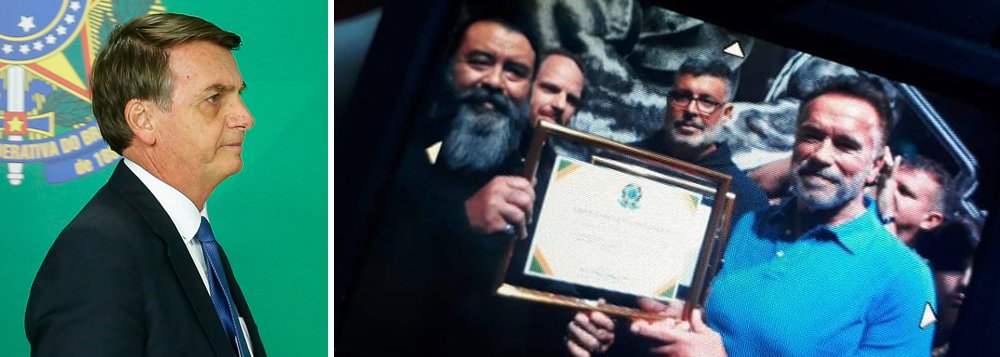 Bolsonaro homenageia Arnold Schwarzenegger com “certificado de reconhecimento” Bolsonaro homenageia Arnold Schwarzenegger com “certificado de reconhecimento”