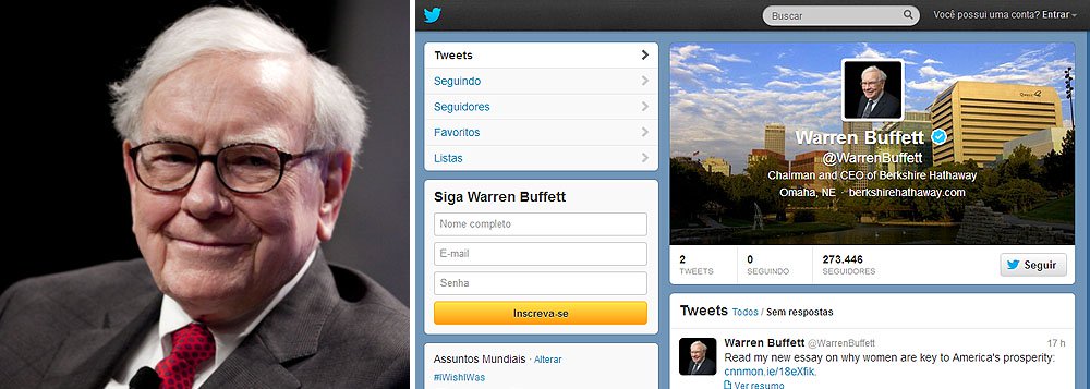 No Twitter, Buffett ganha mil seguidores por minuto No Twitter, Buffett ganha mil seguidores por minuto