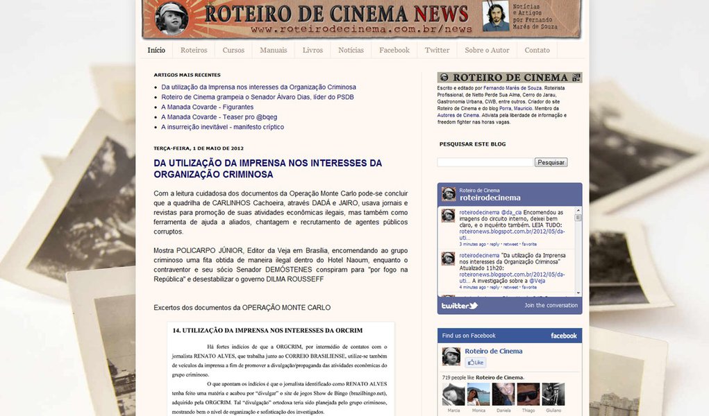 Roteiro de Cinema agrega todos os documentos da relação entre Cachoeira e a imprensa (Foto: Reprodução) Roteiro de Cinema agrega todos os documentos da relação entre Cachoeira e a imprensa