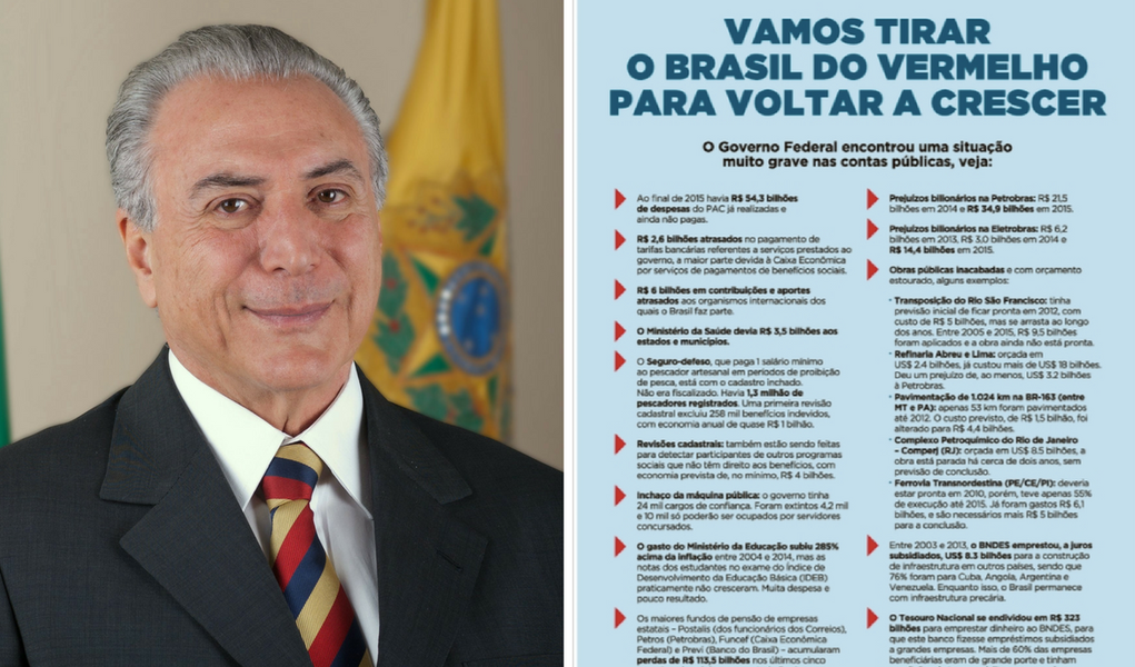Temer lança campanha com duplo sentido, para "tirar o Brasil do vermelho" Temer lança campanha com duplo sentido, para "tirar o Brasil do vermelho"
