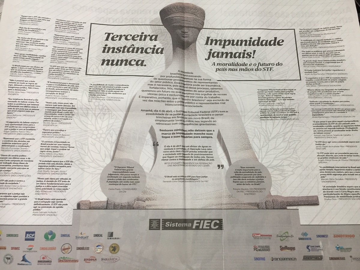FIEC patrocina campanha nos jornais pressionando STF contra Lula FIEC patrocina campanha nos jornais pressionando STF contra Lula