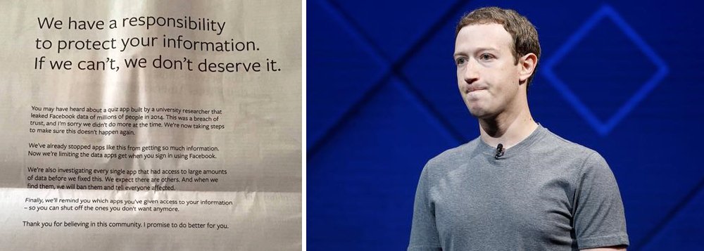 Facebook pede desculpas nos jornais Facebook pede desculpas nos jornais