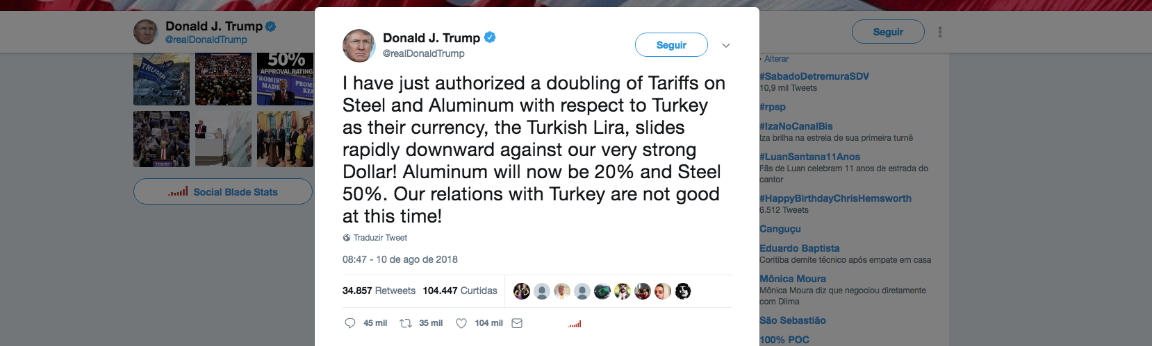 Guerra econômica de Trump contra a Turquia faz dólar disparar Guerra econômica de Trump contra a Turquia faz dólar disparar