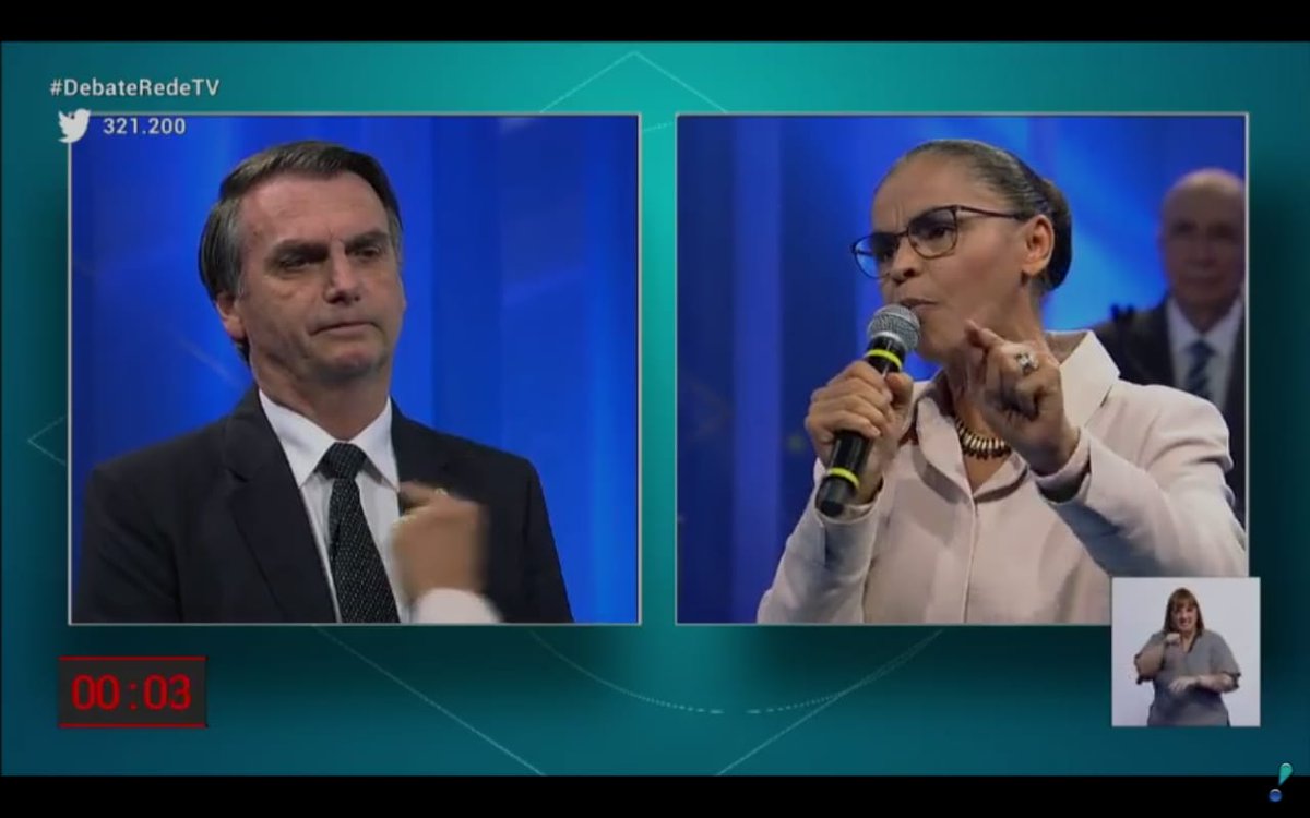Em debate, Marina Silva pressiona Bolsonaro sobre mulheres e lembra que estado é laico (Foto: Reprodução/TV) Em debate, Marina Silva pressiona Bolsonaro sobre mulheres e lembra que estado é laico